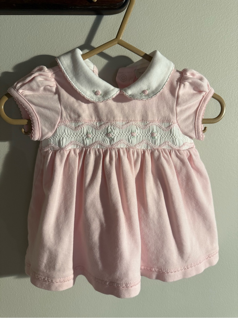 Magnolia Baby Girls Pink Short Sleeve Smocked Dress with Peter Pan Collar